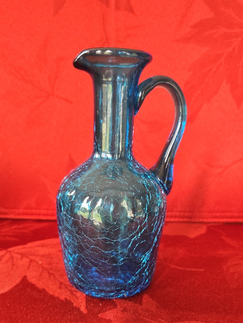 Vintage 6" Blue Crackle Glass Pitcher Hand Blown Clear Handle Mid Century